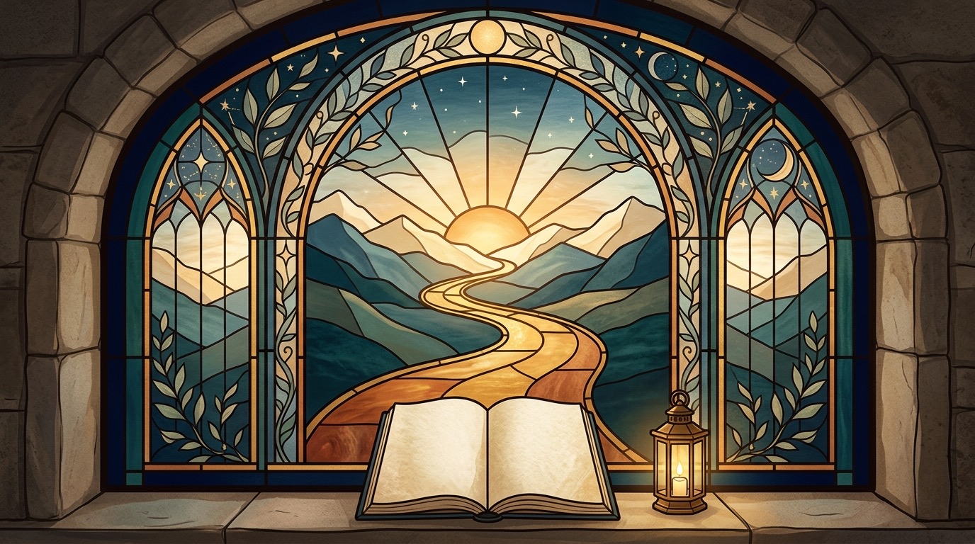 Stained-glass illustration of an open book before a sunlit mountain path