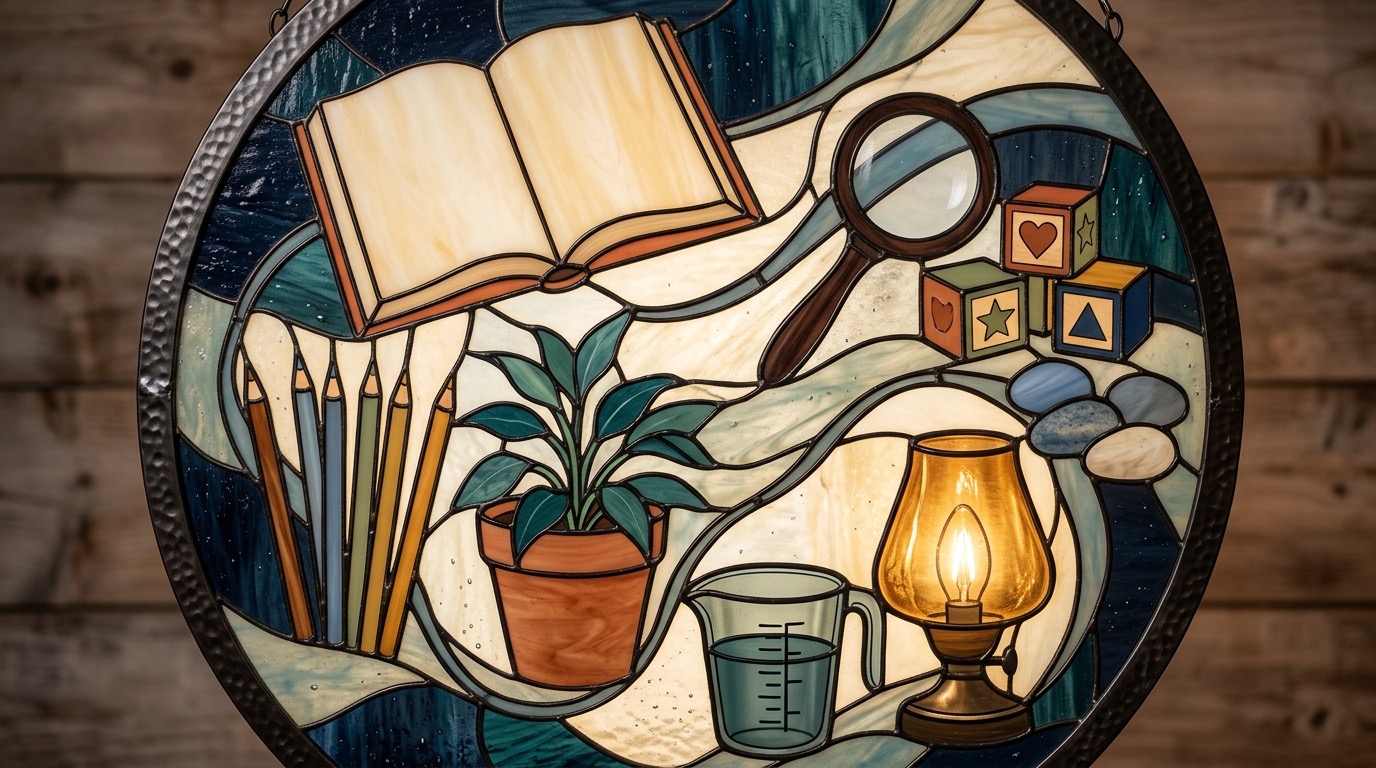 Circular stained-glass arrangement of books, art tools, blocks, a plant, and a lamp