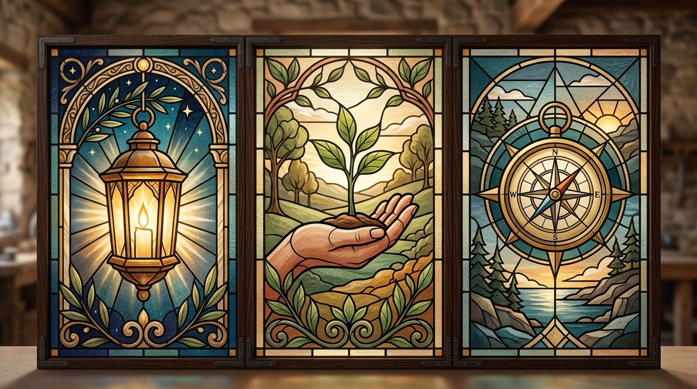 Three stained-glass panels showing a lantern, a seedling held with care, and a compass