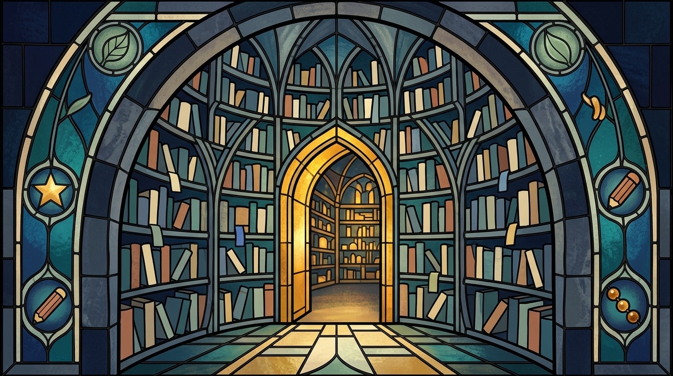 Stained-glass library with a warmly lit arched doorway