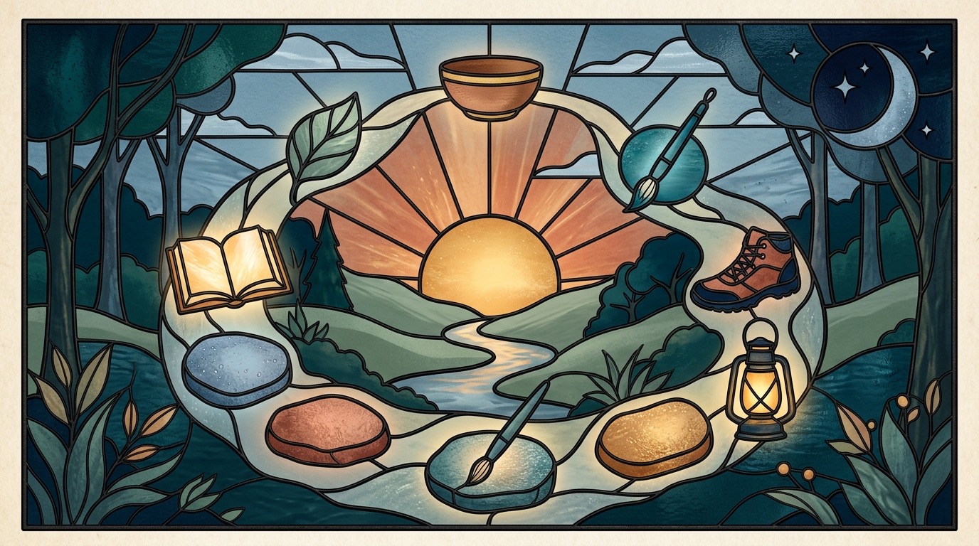 Seven symbolic stepping stones forming a gentle weekly rhythm