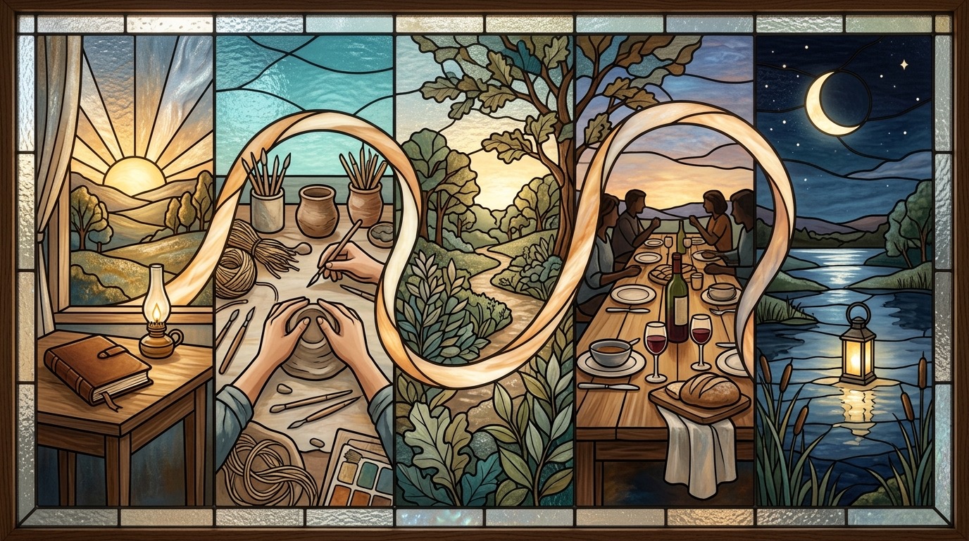 Stained-glass day moving from sunrise and making to outdoor time, a shared table, and evening light