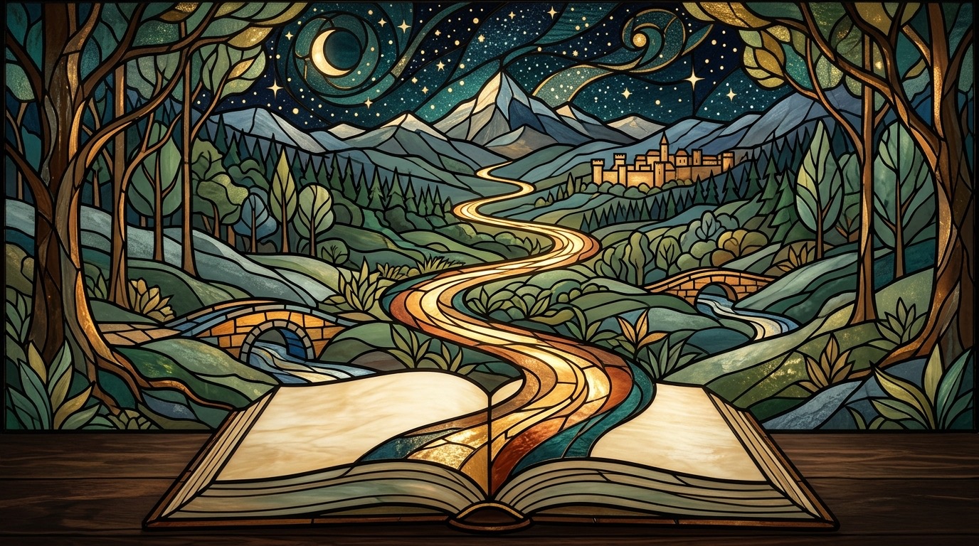 Open book becoming a winding path through a luminous landscape