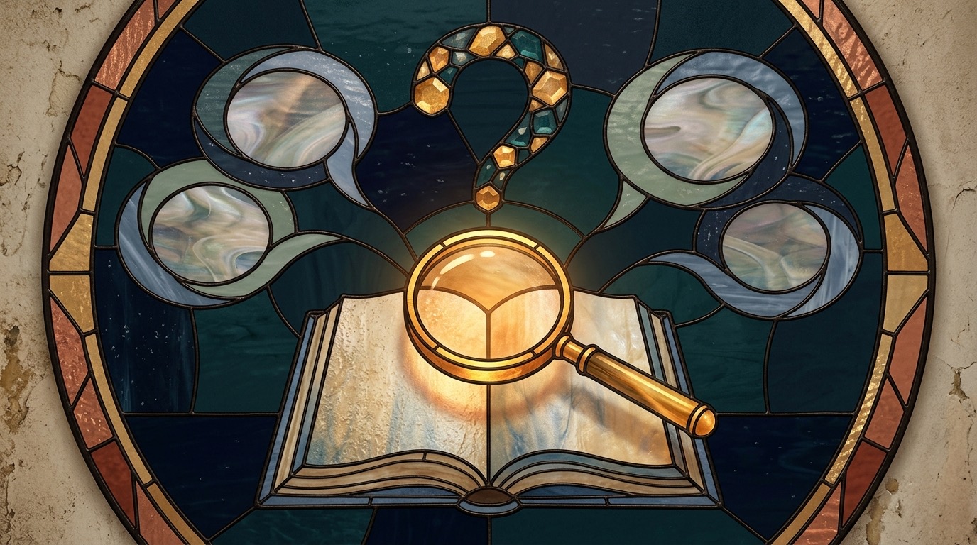 Magnifying glass above an open book surrounded by empty thought shapes
