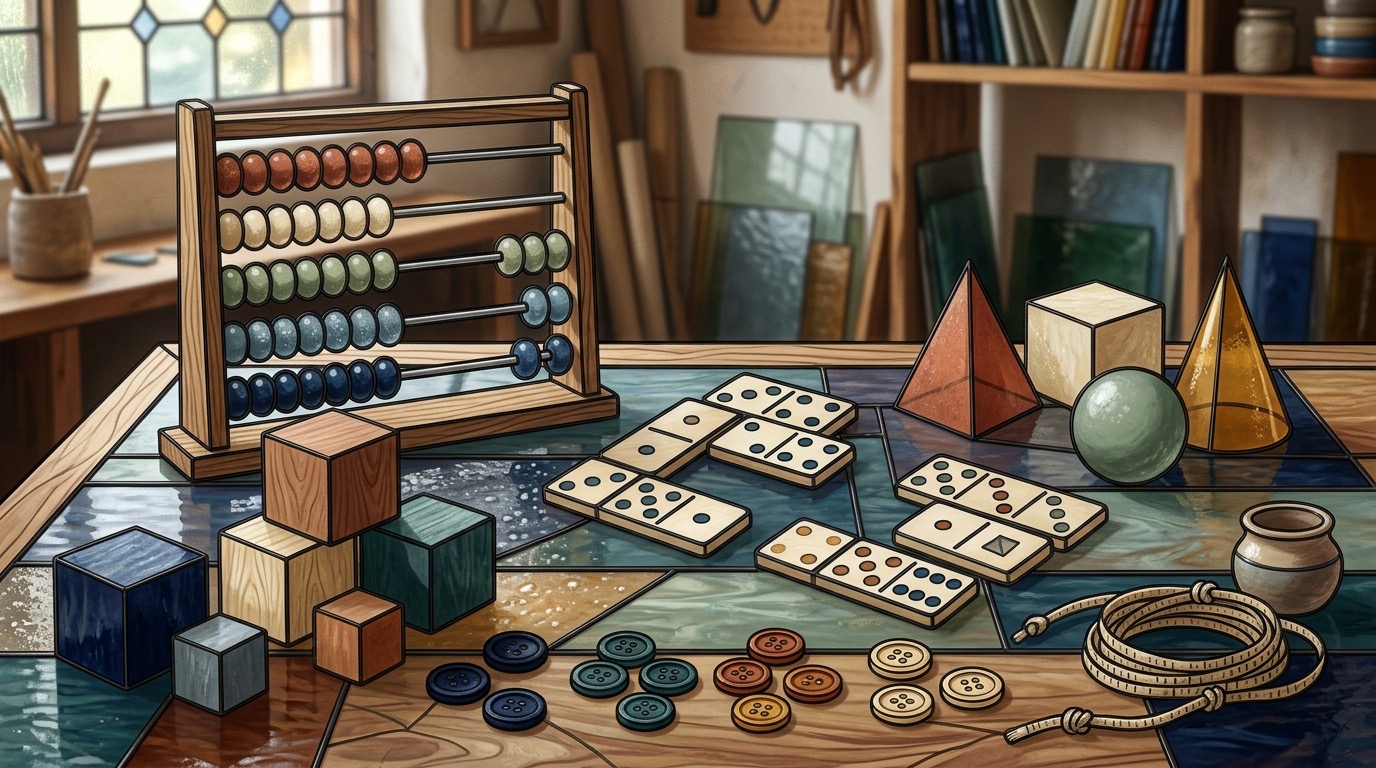 Abacus, blocks, shapes, and counters arranged for number play