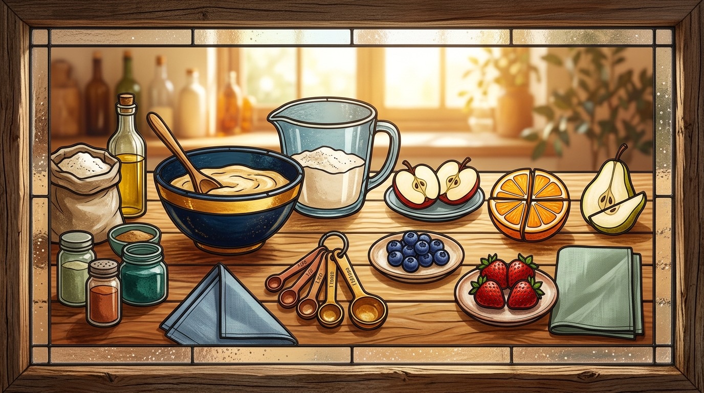 Kitchen table with bowl, measuring tools, fruit pieces, and grouped ingredients
