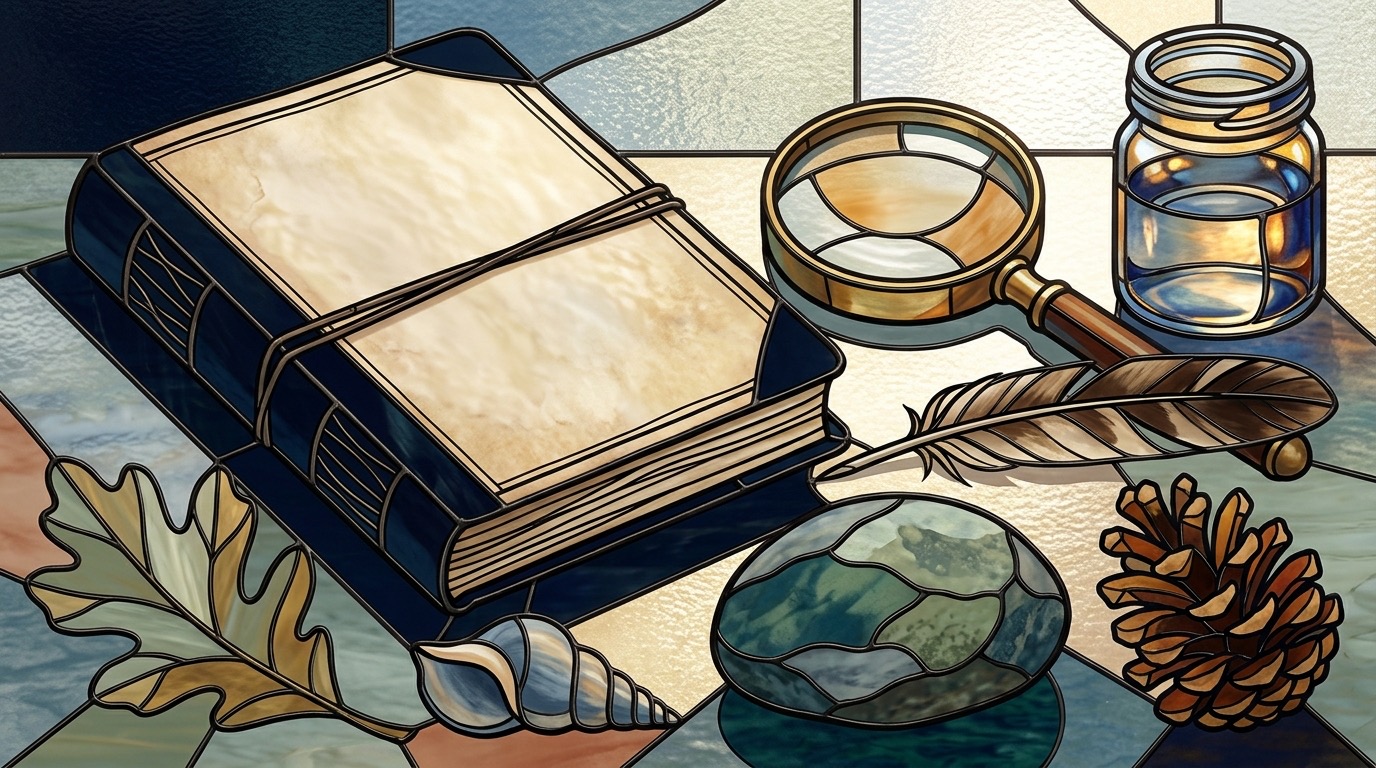 Blank journal, magnifying glass, leaf, pinecone, feather, and stone