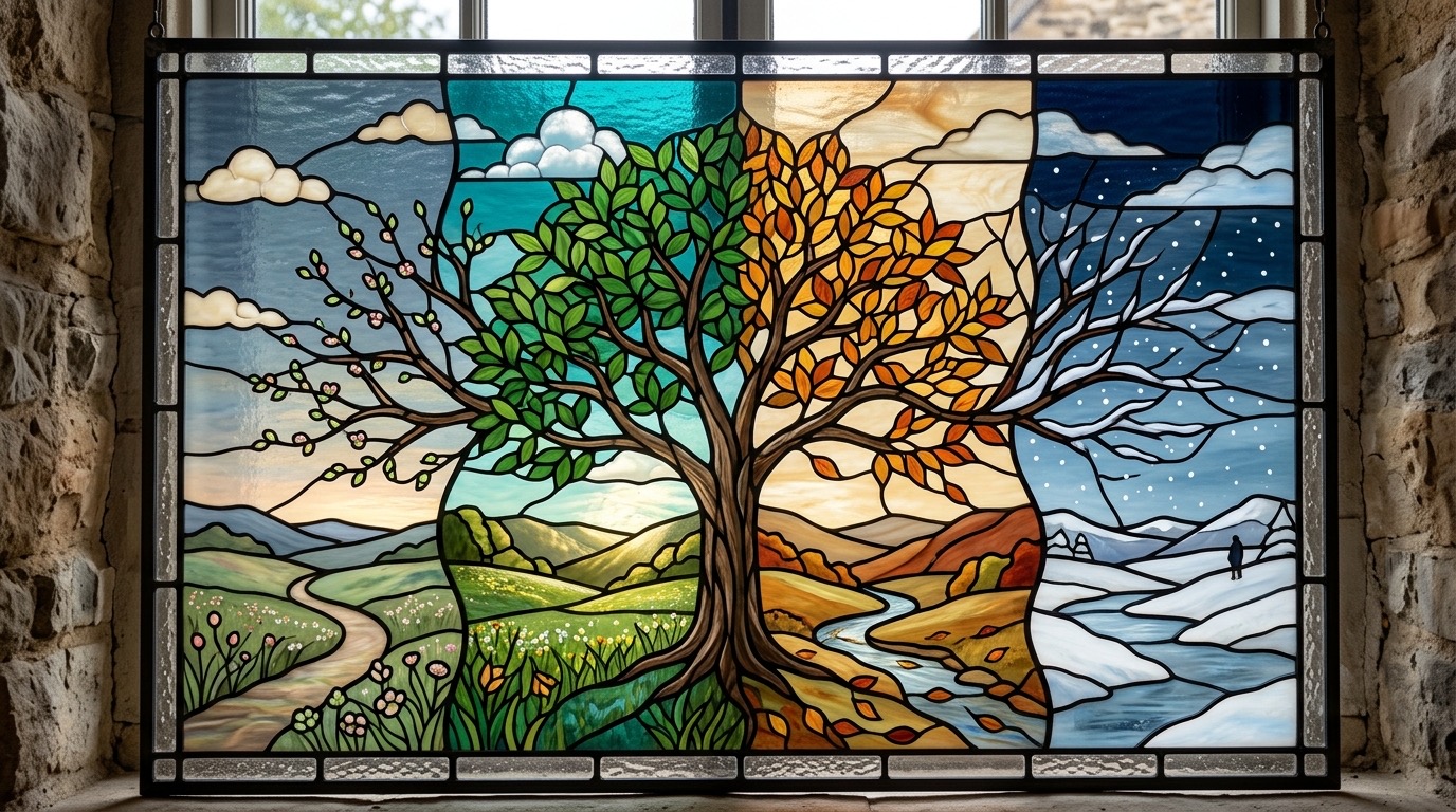 One tree shown across spring, summer, autumn, and winter