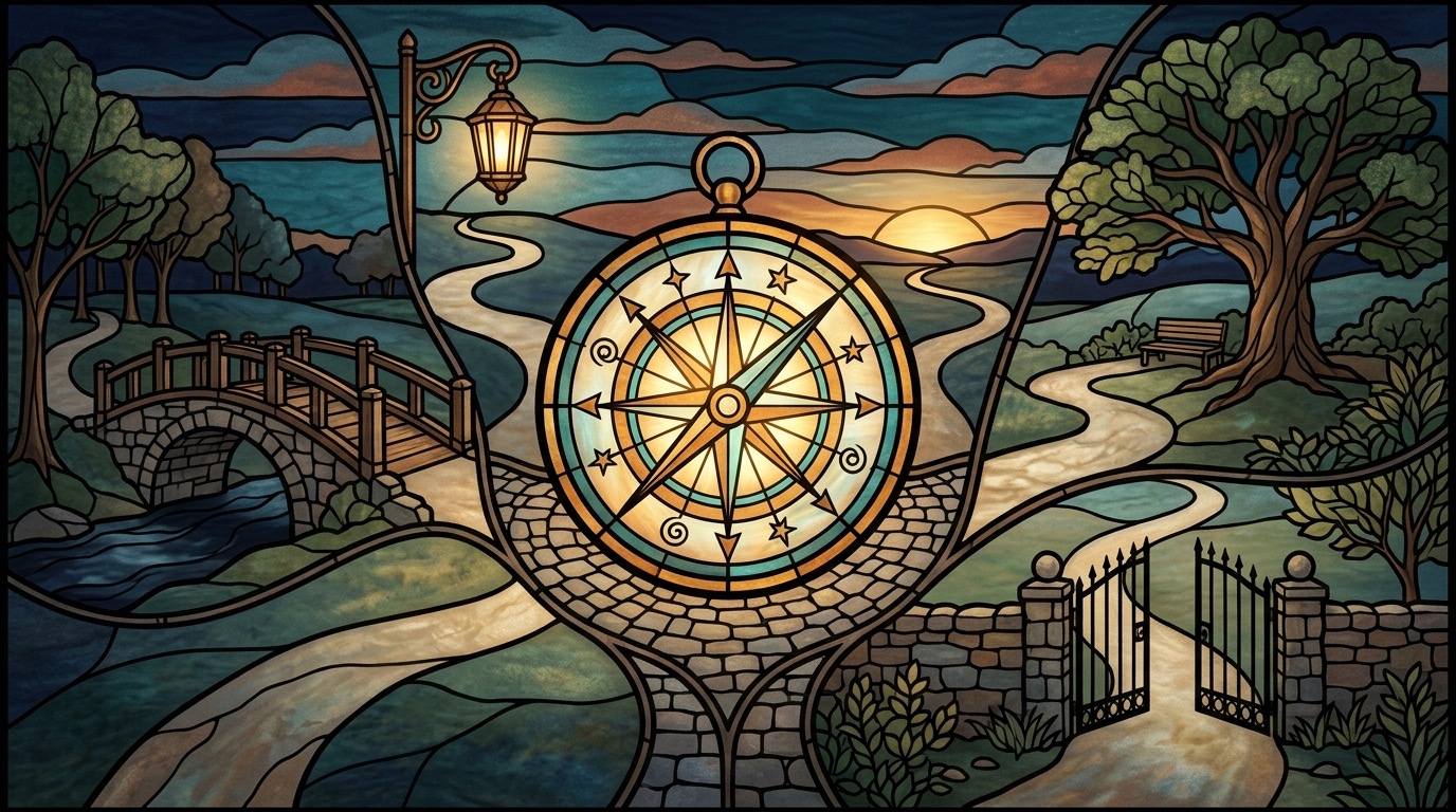 Compass at a branching path leading toward a warm horizon