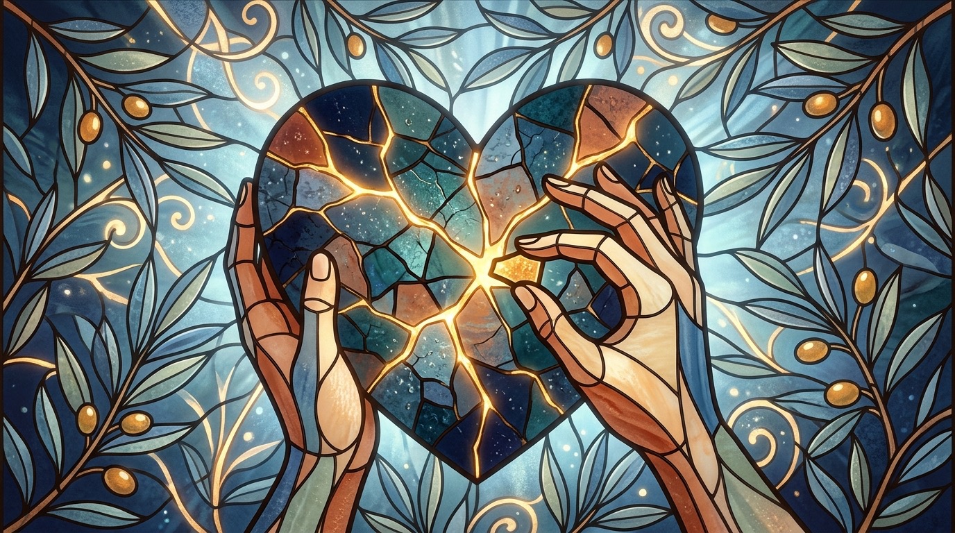 Two illustrated hands repairing a cracked heart-shaped mosaic with golden seams
