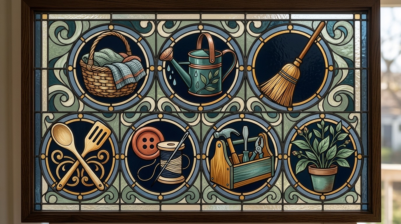 Basket, watering can, safe tools, sewing items, and household objects