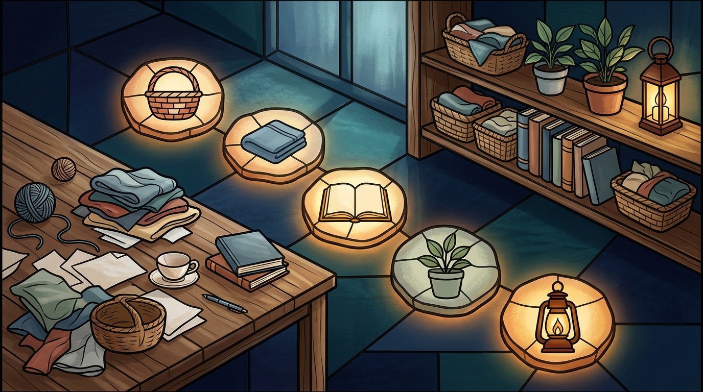 A series of small glowing steps leading from scattered materials to an orderly shelf