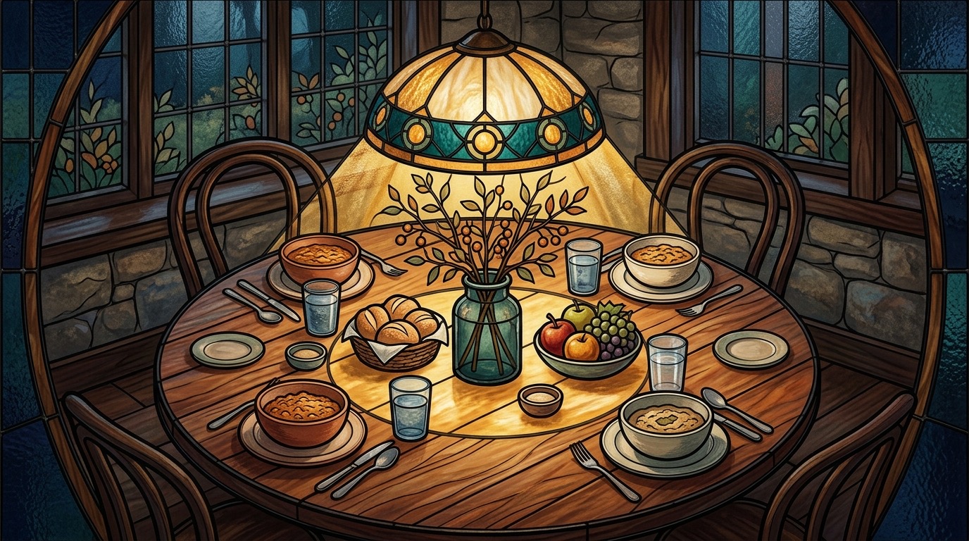 A warmly lit round family table with simple shared food
