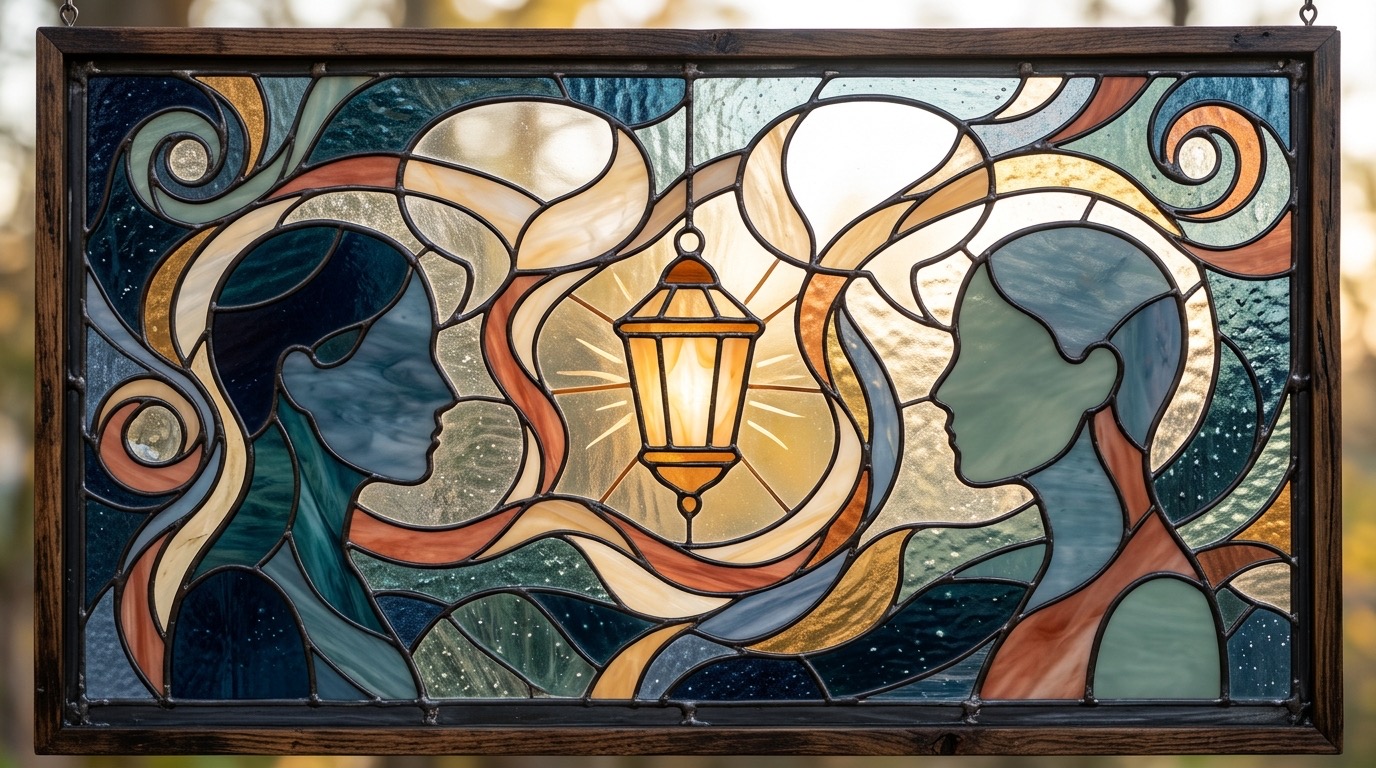 Two simple profiles connected by warm flowing shapes around a shared lantern