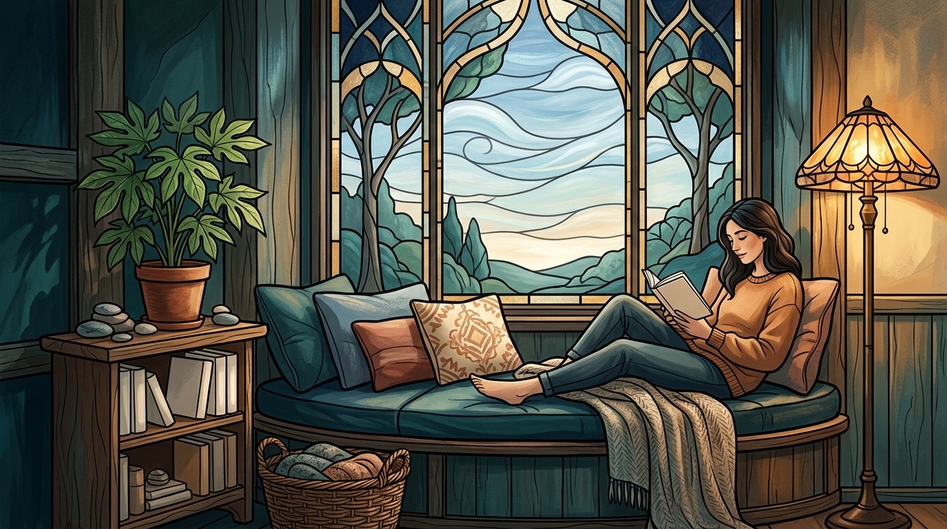 A peaceful reading nook with lamp, plants, books, and cushions