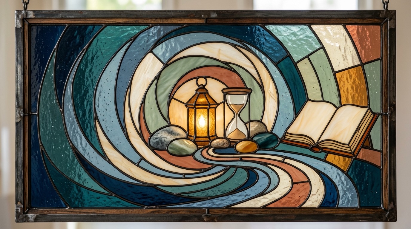 Concentric calming paths flowing around a lantern, smooth stones, and an open book