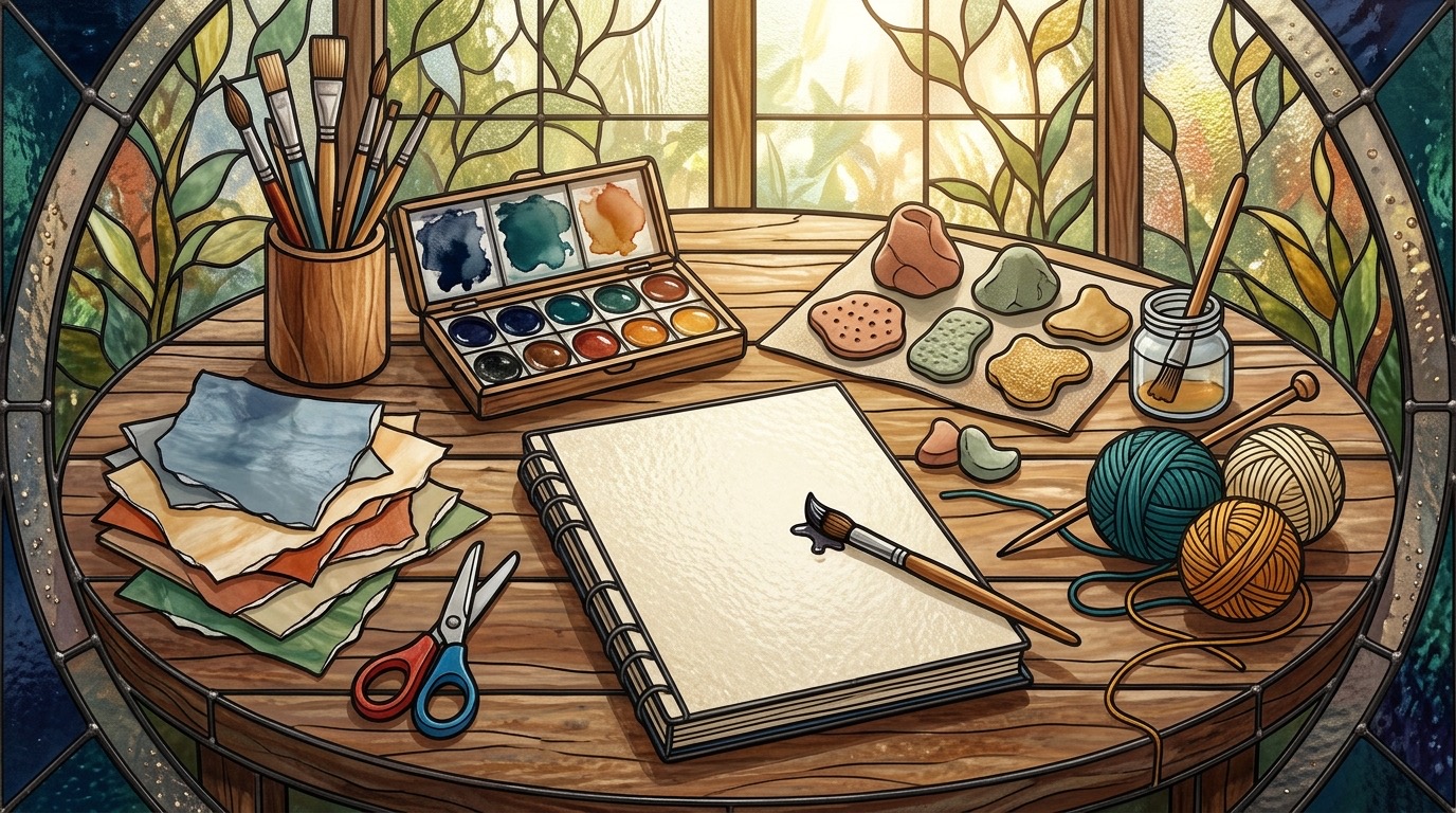 Creative table with paints, paper, yarn, clay, scissors, and a blank sketchbook
