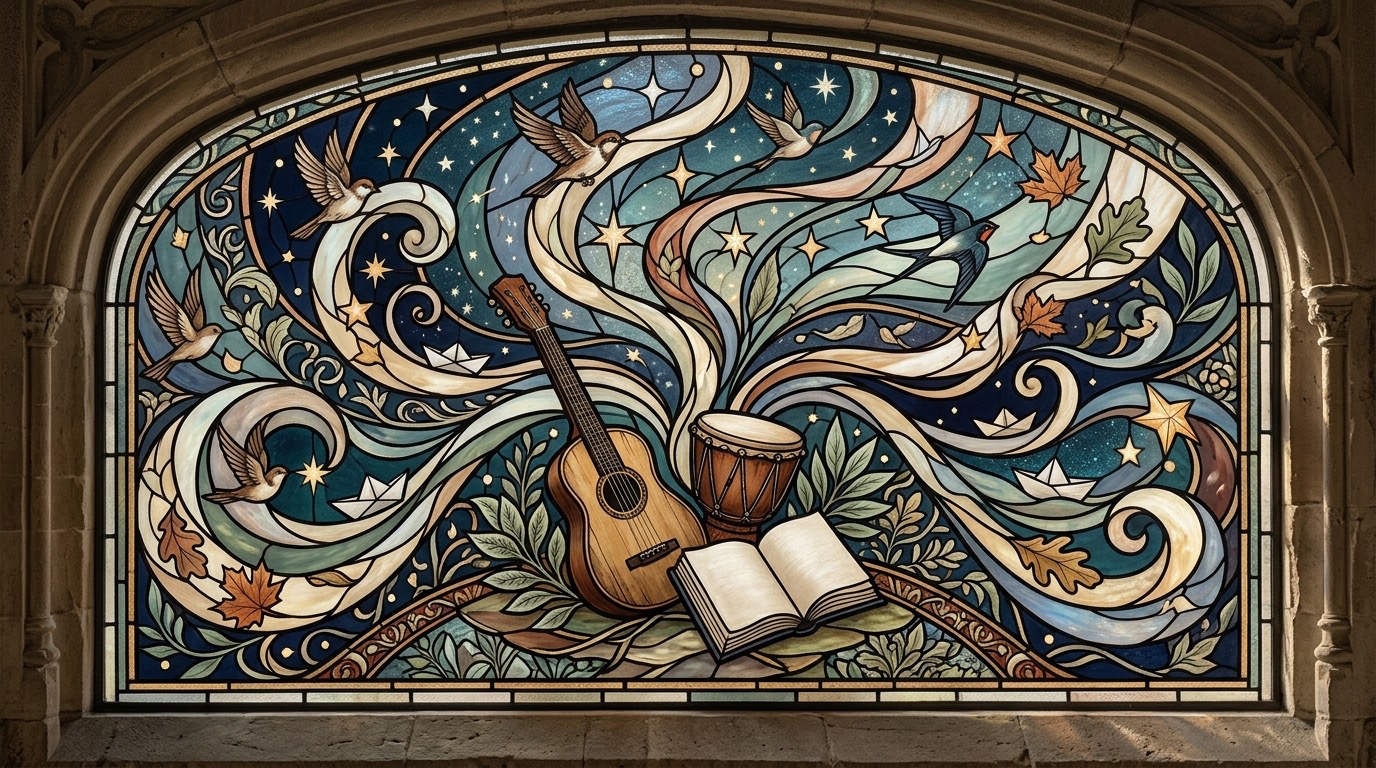 Book and musical instruments releasing flowing shapes, birds, leaves, and stars