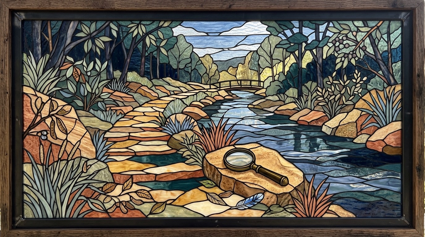 Creek trail with rocks, leaves, grasses, and a magnifying glass