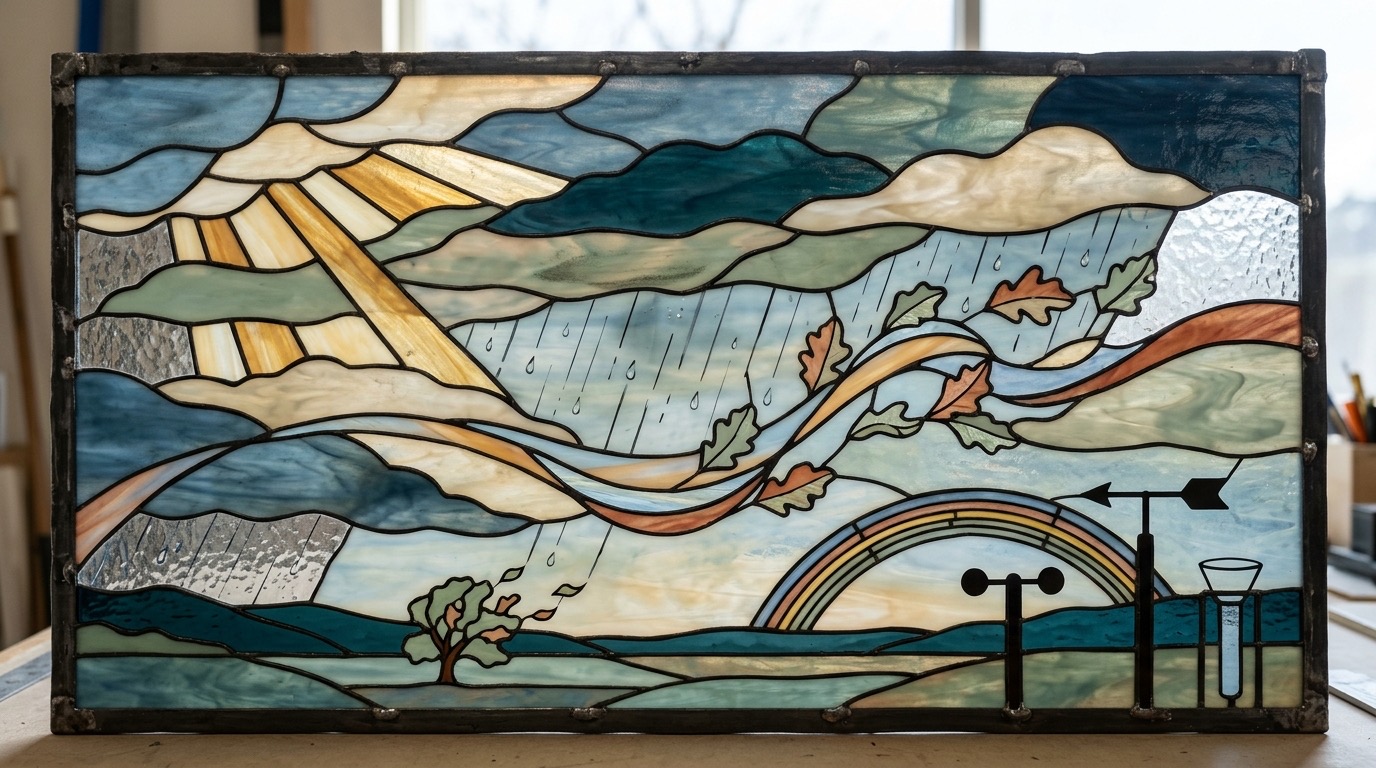Stained-glass sky showing sun, rain, clouds, wind, and changing light