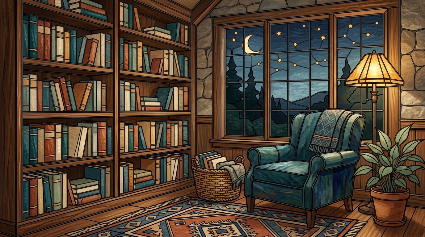 Cozy home library with accessible shelves, chair, lamp, and plants