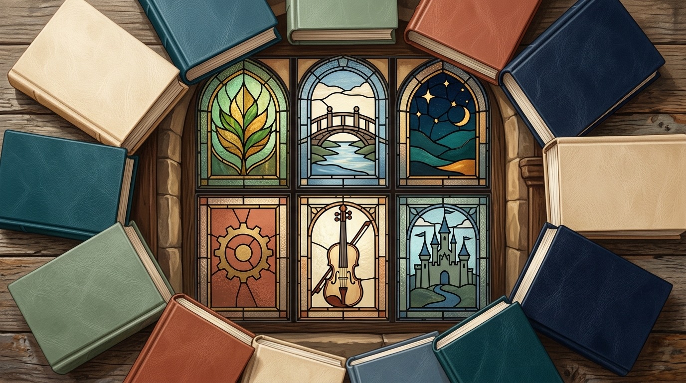 Blank-covered books surrounding windows with symbols of nature, friendship, music, imagination, and making