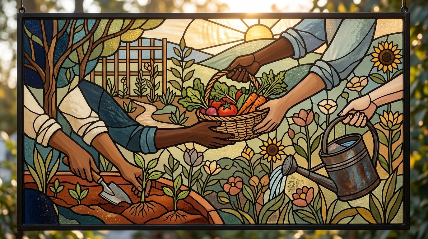 Hands planting seedlings and sharing a basket in a community garden