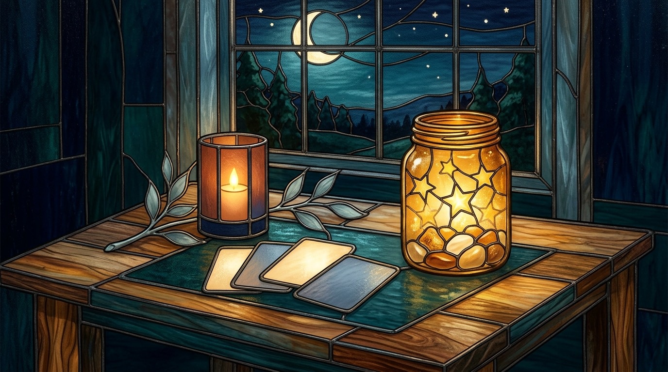 Evening table with a glowing jar, blank reflection cards, a lantern, and a moonlit window
