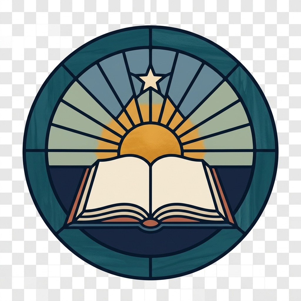 Stained-glass emblem of an open book beneath a rising sun and guiding star